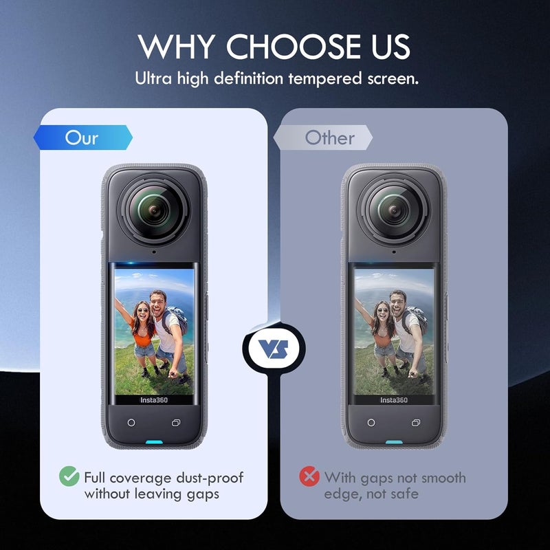MxSpvce Screen Protector Film(2 Pack)+Lens Cap for Insta360 X5/insta360 X4 Accessories, Insta 360 X5/insta 360 X4 Tempered Glass LCD Display Film, Ultra HD, 9H Hardness, Scratch Resistant, Anti-Fingerprint - Image 3